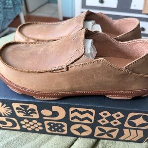 OluKai Tan Leather Slip-On Loafers